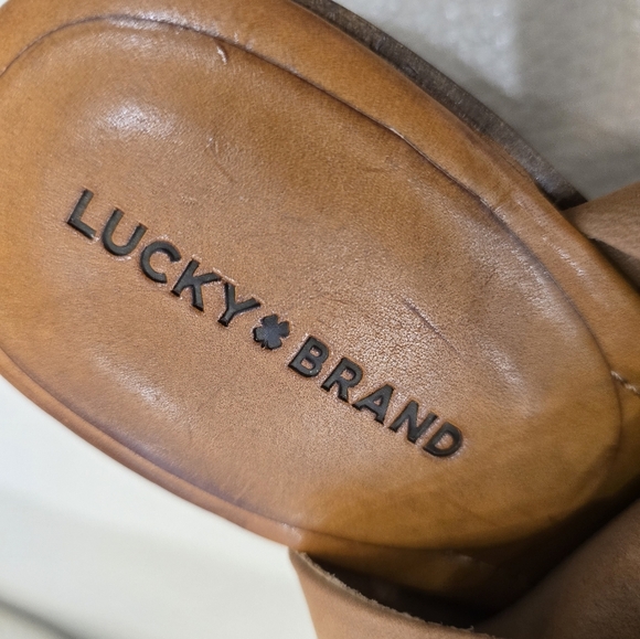 Lucky Brand RHAZY Tan Warm Brown Peep-Toe Slingback Heels Sandals Mules Size 9.5 - Picture 8 of 11